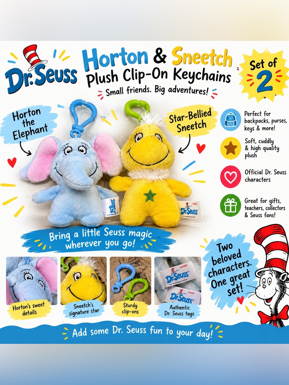 Dr. Seuss Horton & Sneetch Plush Clip-On Keychains Aurora Set of 2